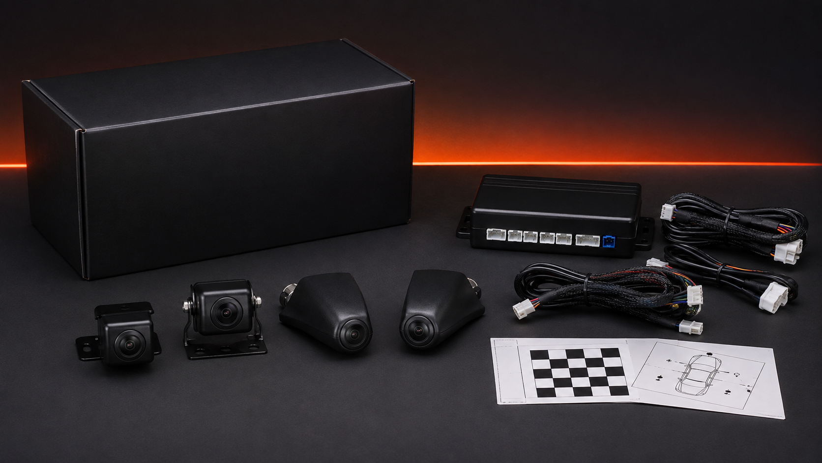 Complete 360-degree surround-view camera kit with product box, four cameras, controller and wiring