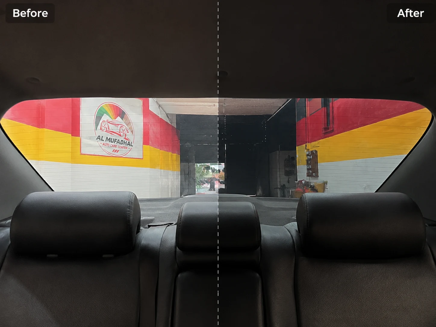 Rear window before and after tint comparison