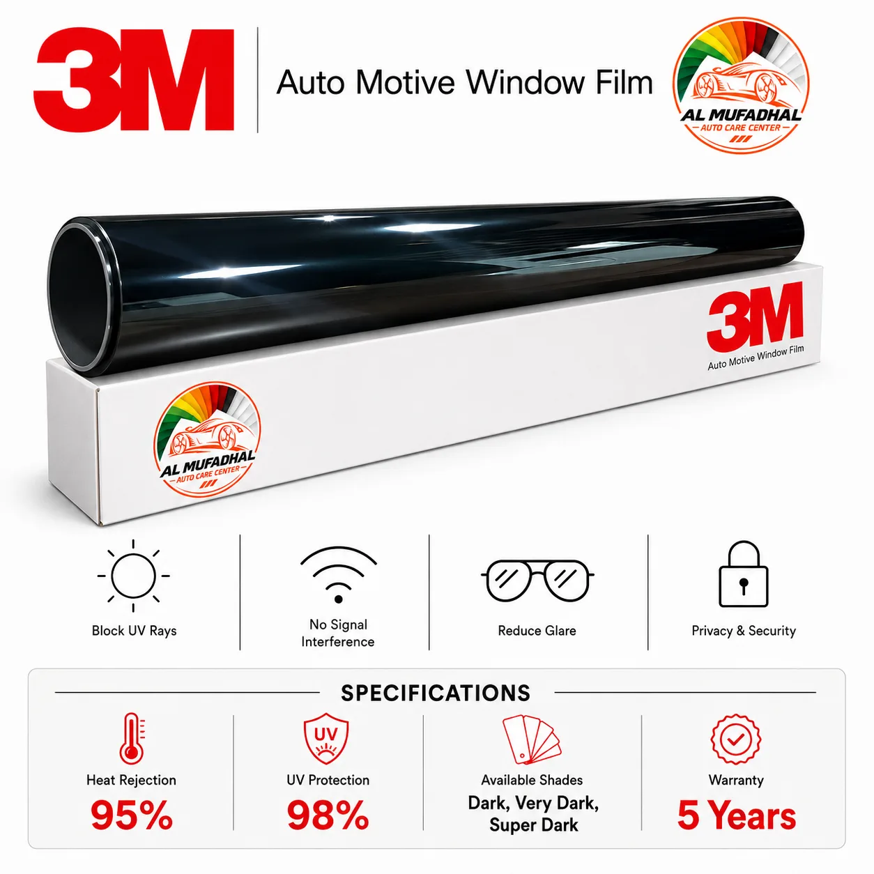 3M automotive window film specifications: 95 percent heat rejection, 98 percent UV protection, 5-year warranty