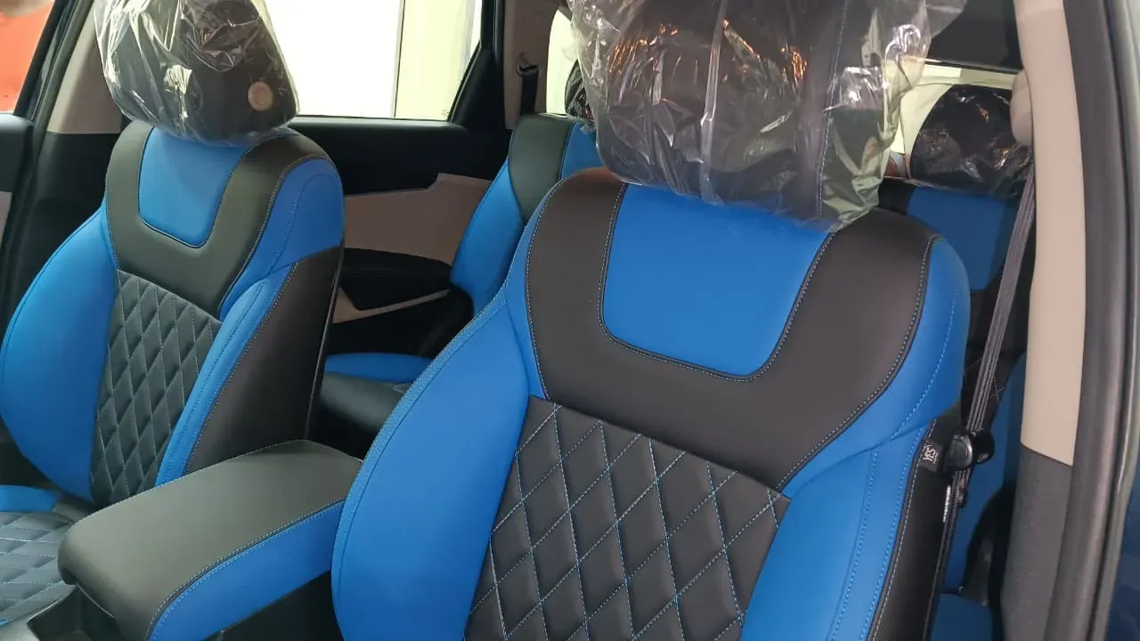 Blue and black diamond stitched custom seats