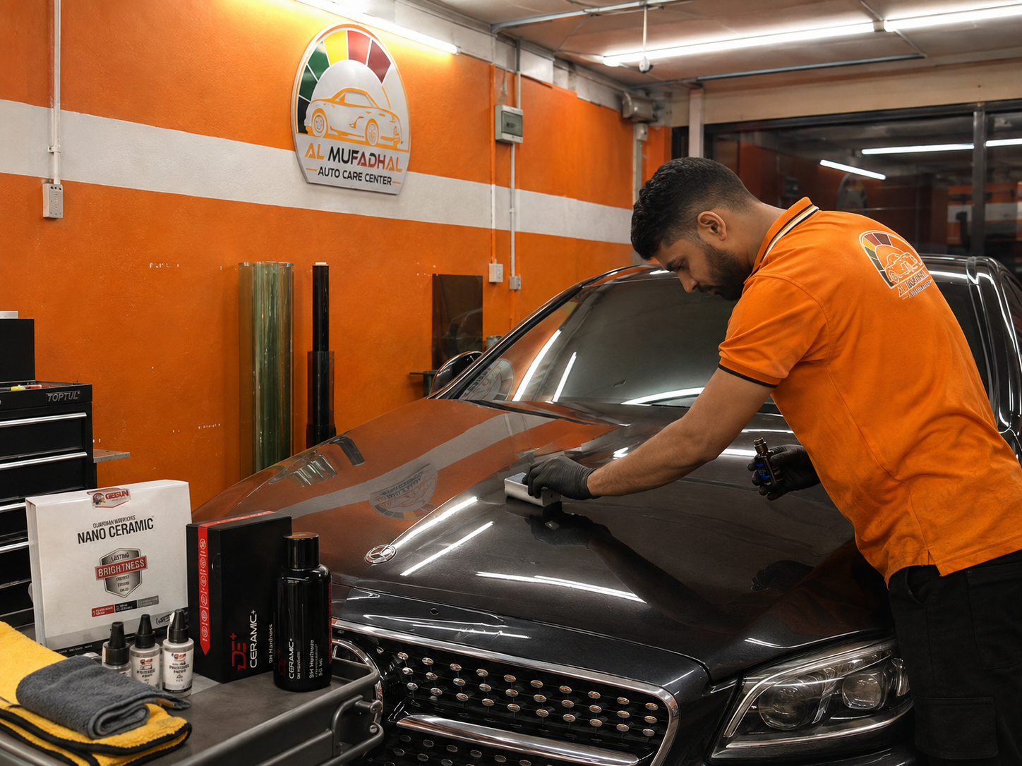 Technician applying ceramic coating to a prepared vehicle