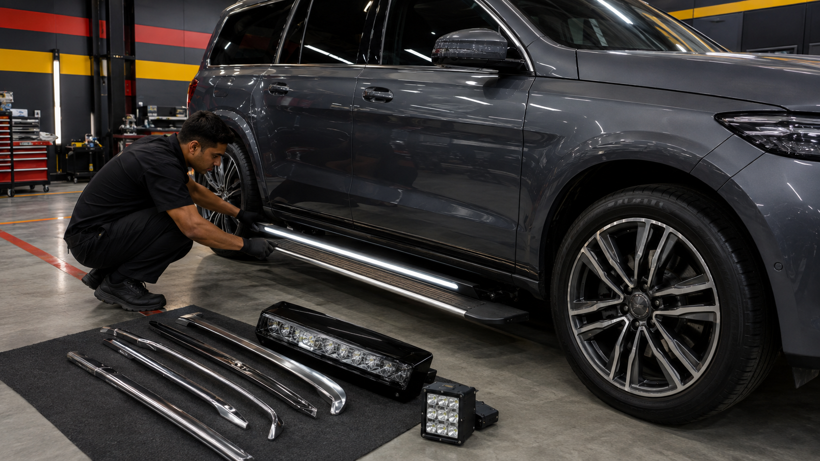 Technician installing an illuminated side step beside exterior lights, wheels and chrome trim