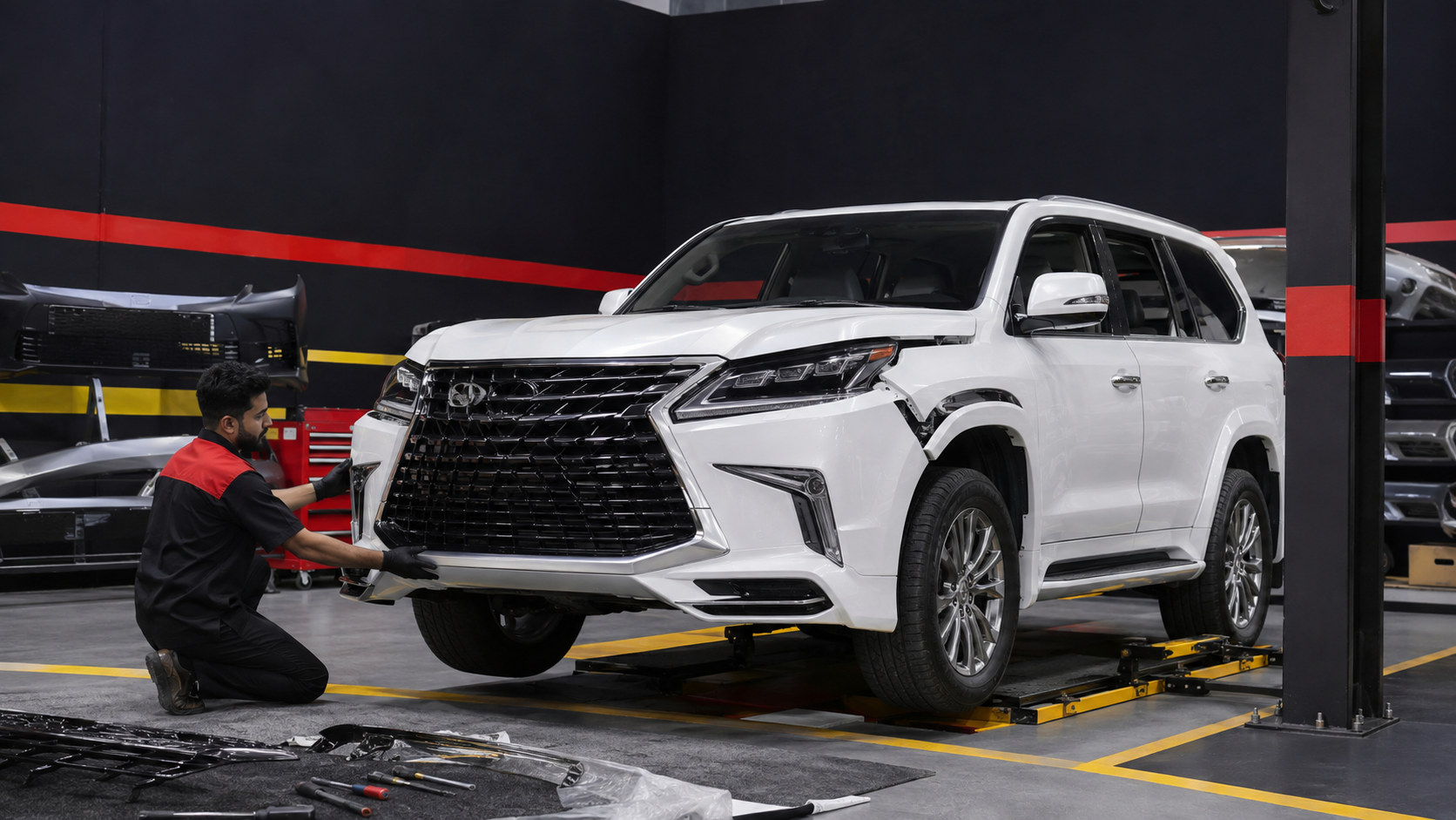 Technician aligning a complete Lexus LX570 conversion body kit