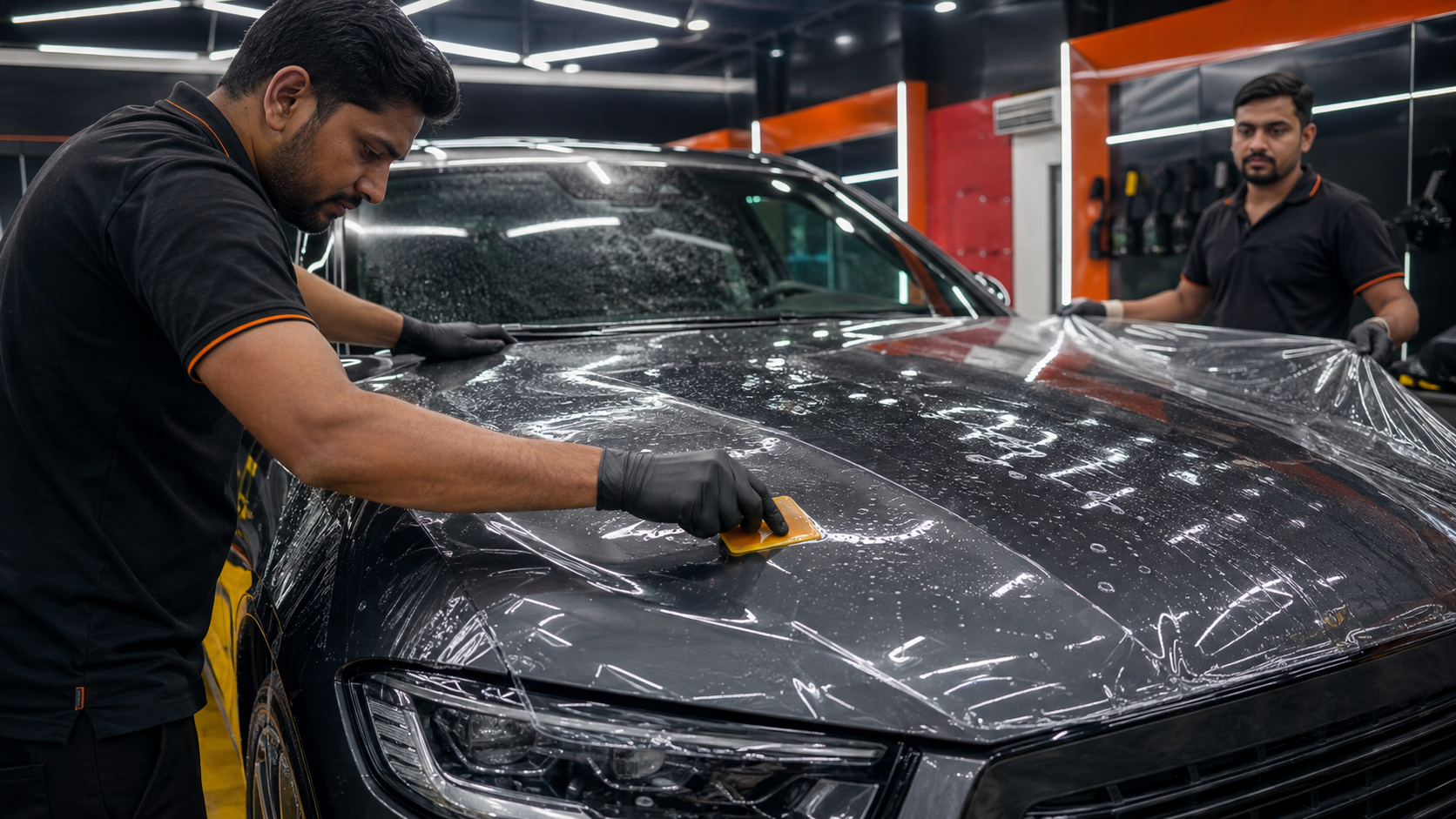Technicians installing transparent paint protection film on a bonnet