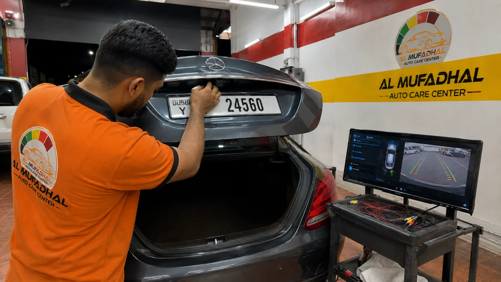 AL MUFADHAL technician installing and calibrating a rear camera on a Mercedes