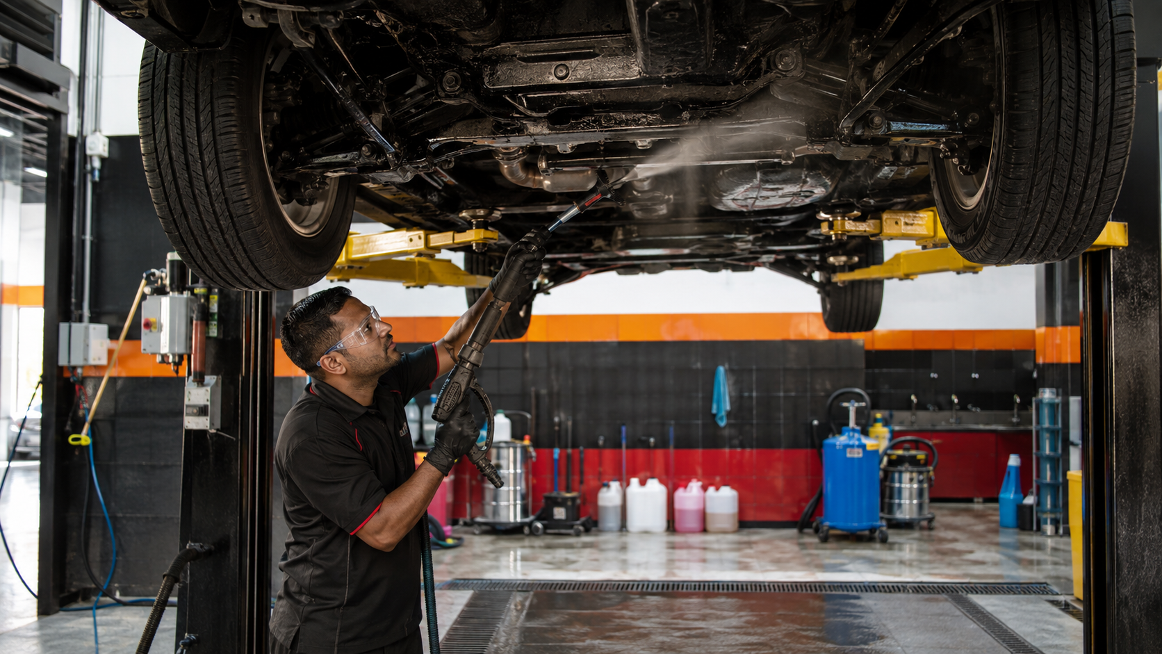 Underbody cleaning beneath a vehicle raised on a hydraulic lift