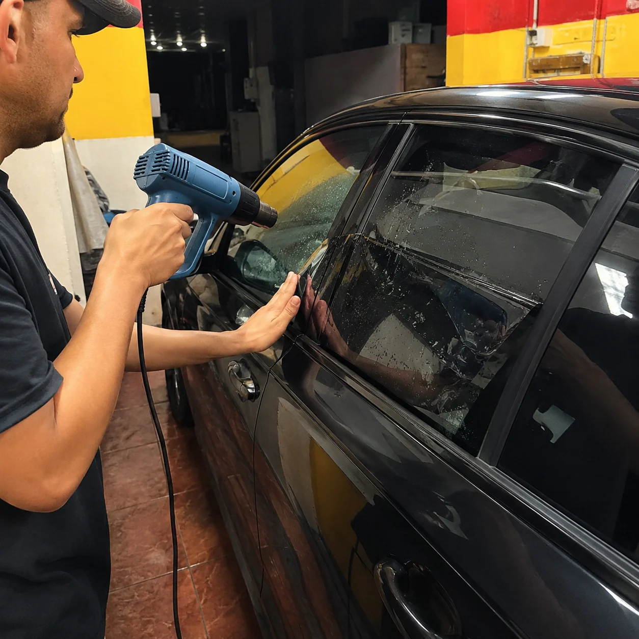 Technician applying car window tint with a heat tool